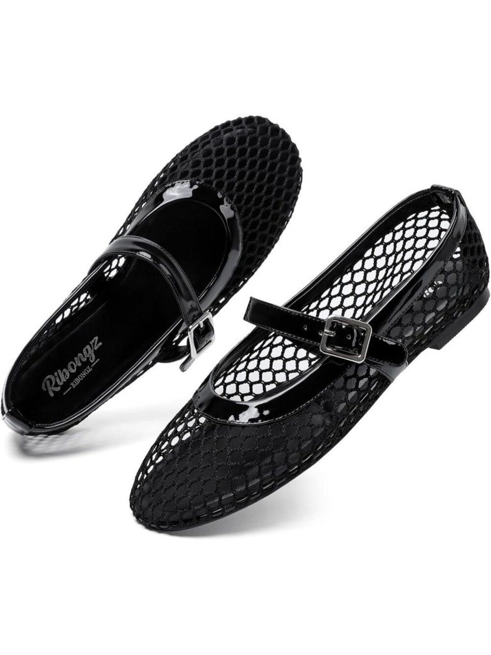 Women's Black Mesh Ballet Flat Foldable Mary Jane Comfort Round Toe Dress Shoes